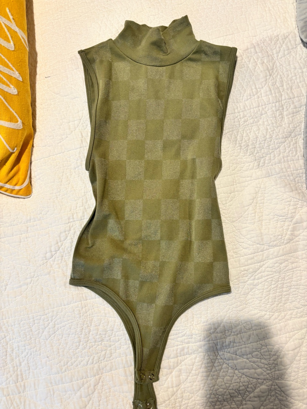 Forever 21 Olive Green Checked Sleeveless Mock Neck Bodysuit